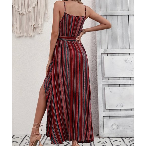 Multicolor Boho Womens Striped Print Split Thigh Belted Cami Dress - Picture 6 of 8